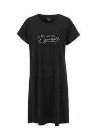 Svart bomullsklänning med korta ärmar och rund halsringning. Texten "VAR SNÄLL mot dig själv" är tryckt i vit kursiv på framsidan.