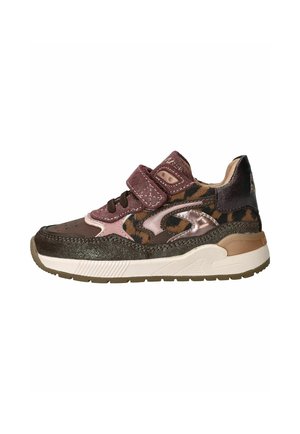 Child's sneaker with brown, pink, and leopard print accents, featuring Velcro strap and white sole.