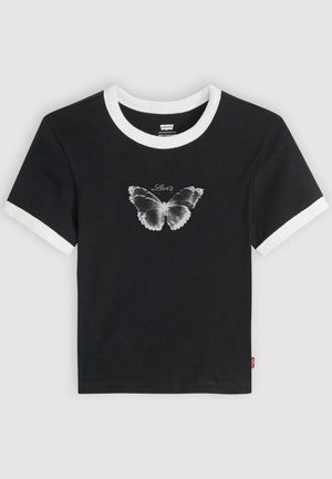 Musta lyhythihainen t-paita, jossa valkoinen pääntie ja hihansuut. Keskellä perhonen kuvio ja "Levi's"-teksti. Puuvillakangasta.