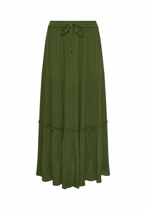 Długa oliwkowozielona spódnica na kilka warstw z paskiem ze sznurkiem i subtelnym fakturowanym materiałem.
