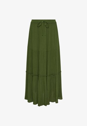Długa oliwkowozielona spódnica na kilka warstw z paskiem ze sznurkiem i subtelnym fakturowanym materiałem.