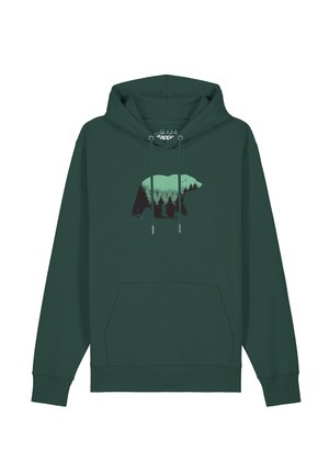 Sweat à capuche vert foncé avec poche avant et cordons, avec une silhouette d'ours remplie d'un motif forêt et montagne.