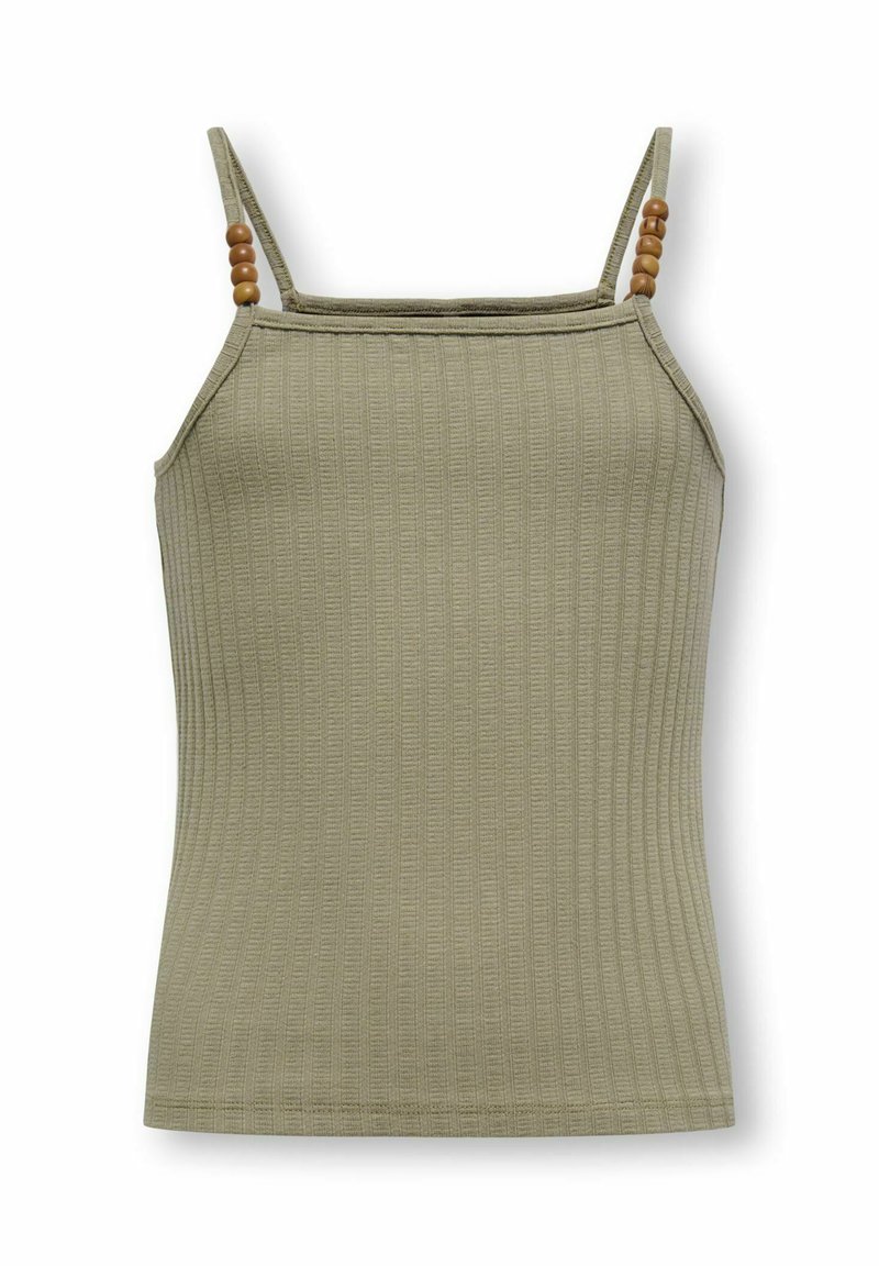 Canotta senza maniche a coste verde oliva con spalline sottili adornata da tre perline di legno rotonde su ciascun lato.