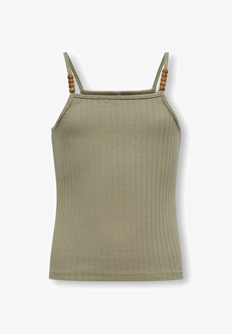 Canotta senza maniche a coste verde oliva con spalline sottili adornata da tre perline di legno rotonde su ciascun lato.