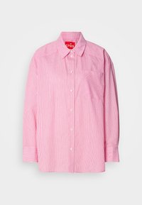 Pink button-up shirt featuring white vertical stripes, a chest pocket, and long sleeves with buttoned cuffs. Constructed from lightweight fabric.