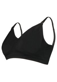 Sutiã sem fios preto com copas triangulares, feito de tecido suave. Alças ajustáveis e detalhe do logótipo na banda. Textura lisa, design sem costuras.