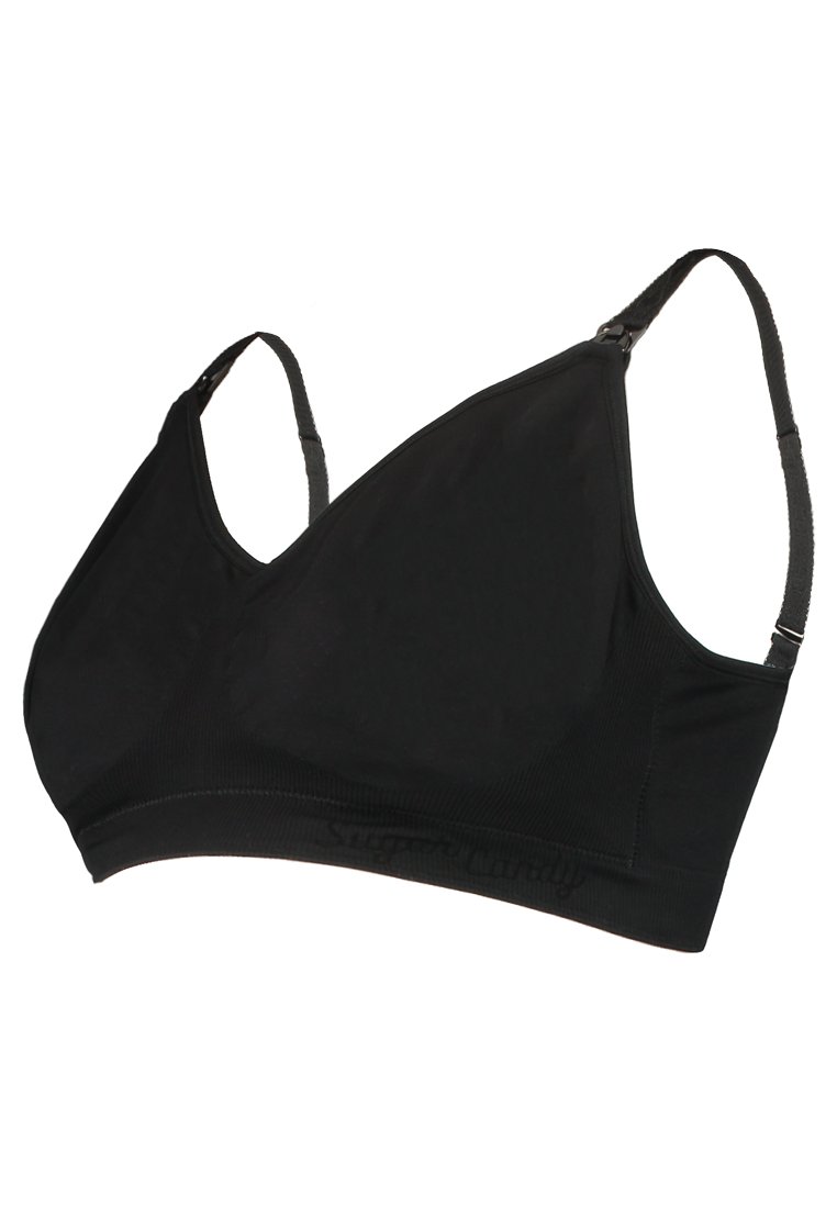 Sutiã sem fios preto com copas triangulares, feito de tecido suave. Alças ajustáveis e detalhe do logótipo na banda. Textura lisa, design sem costuras.