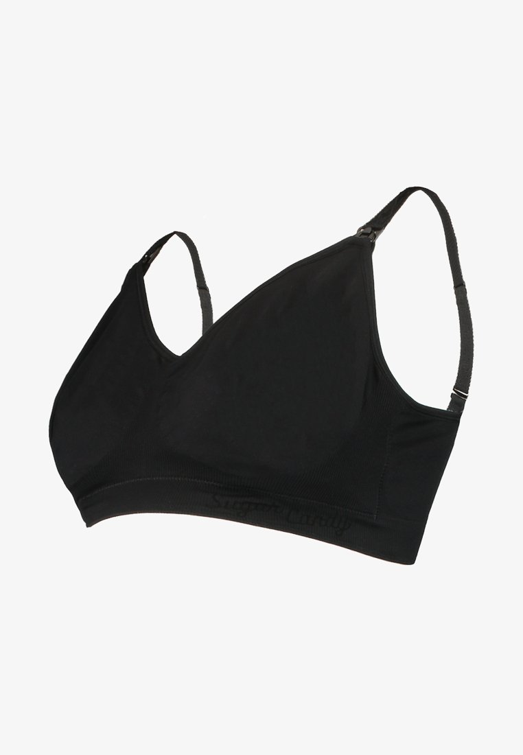 Sutiã sem fios preto com copas triangulares, feito de tecido suave. Alças ajustáveis e detalhe do logótipo na banda. Textura lisa, design sem costuras.