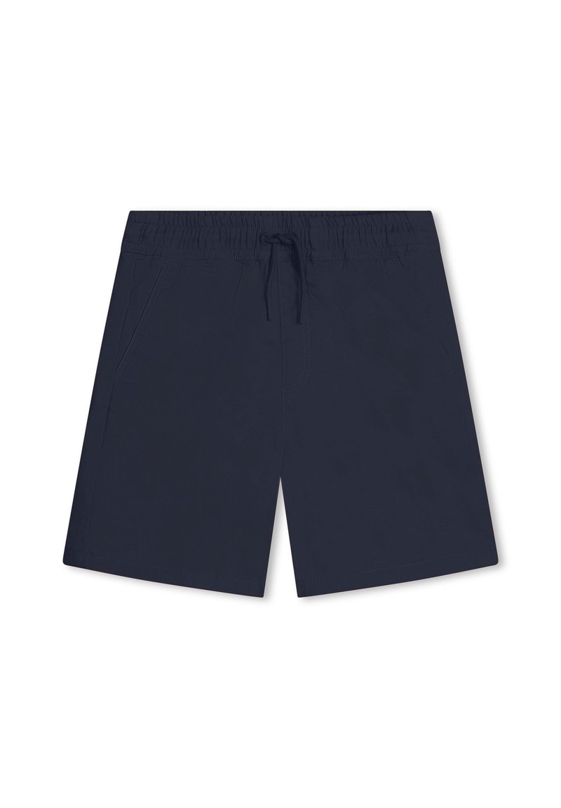 Costumi da bagno blu navy realizzati in tessuto leggero, dotati di cintura elastica con cordoncino e due tasche laterali.