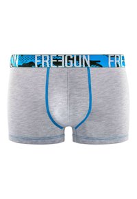 Boxer-briefs gris avec une ceinture bleue portant le texte "FREEGUN" et des coutures accentuées en bleu le long des seams. Matériau en coton doux.