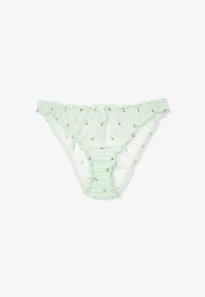 Hellgrüne, transparente, mit Rüschen versehene Bikini-Slip mit kleinem roten Kirschenmuster und einer winzigen Schleife in der Mitte des Bunds.