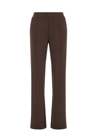 Barna egyenes szárú nadrág elülső varrási részletekkel és elasztikus derékpánttal, puha, sima anyagból készült.