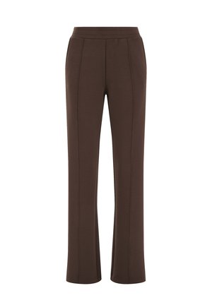 Brune bukser med lige ben, frontsømme og elastisk linning, lavet af blødt, glat stof.