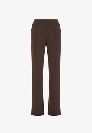 Pantaloni maro cu croială dreptă, detalii cu cusături frontale și talie elastică, confecționați dintr-un material moale și neted.