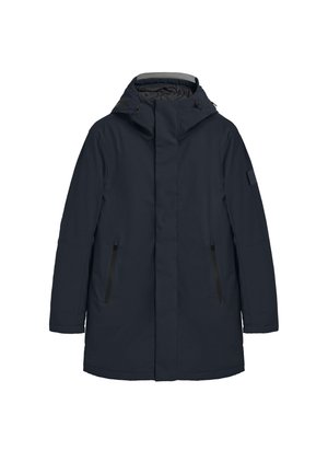 Marineblå yderjakke med hætte, der har frontlynlåslommer og en lige pasform. Glat tekstur og enkel design uden mønstre.