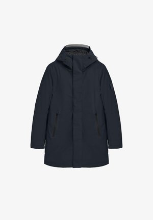 Giacca esterna navy con cappuccio, dotata di tasche con zip anteriori e taglio dritto. Texture liscia e design solido senza fantasie.