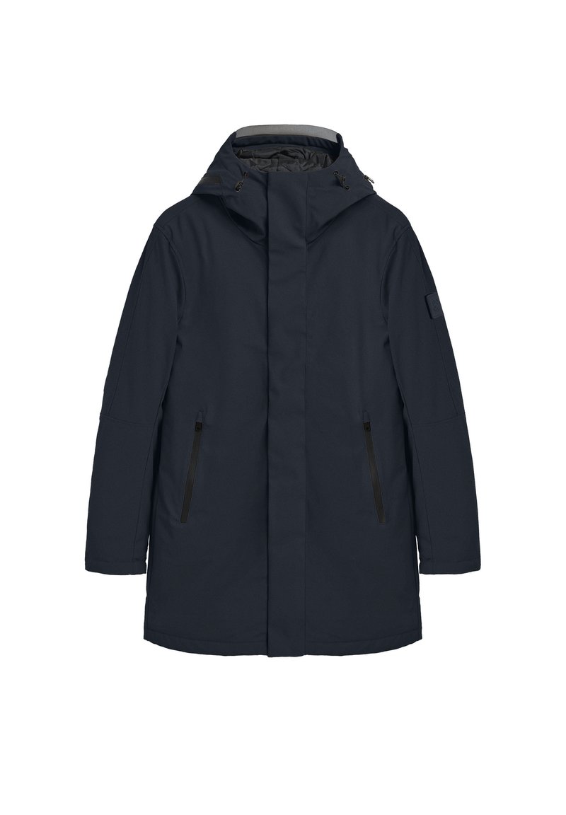 Marinblå ytterjacka med huva, utrustad med framfickor med dragkedja och rak skärning. Slät textur och enhetlig design utan mönster.