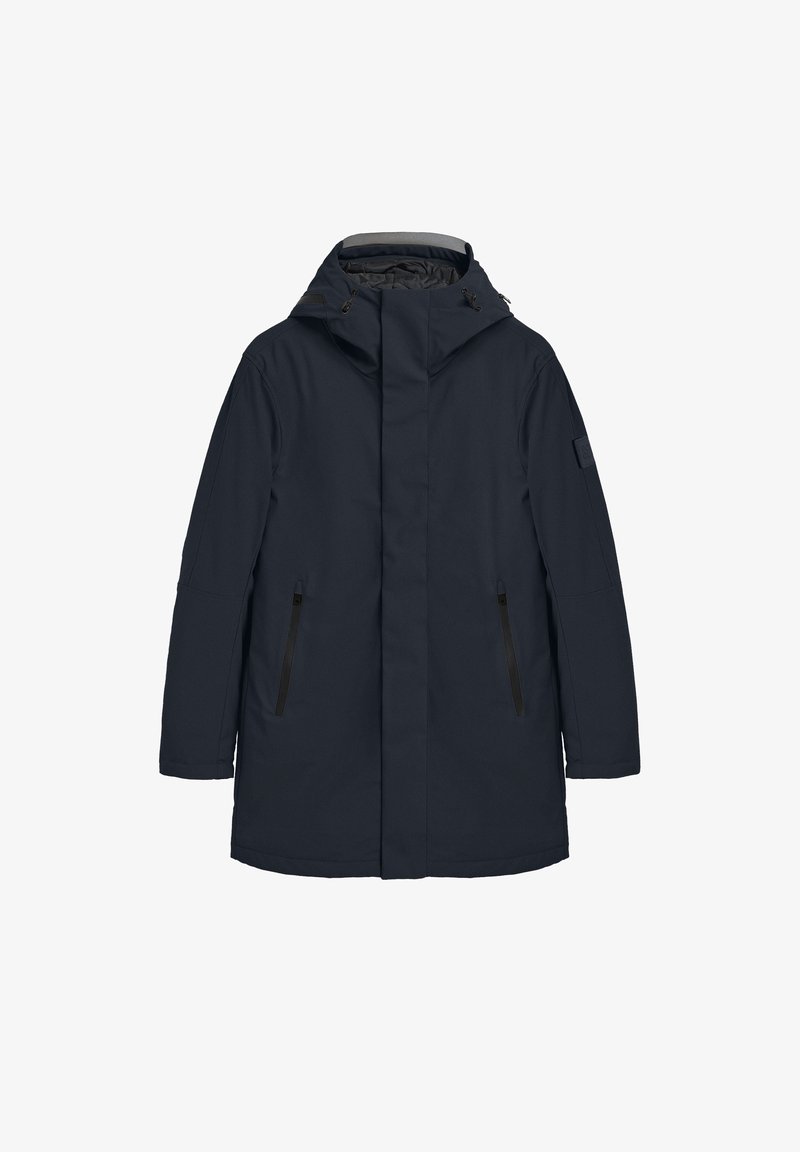 Marinblå ytterjacka med huva, utrustad med framfickor med dragkedja och rak skärning. Slät textur och enhetlig design utan mönster.