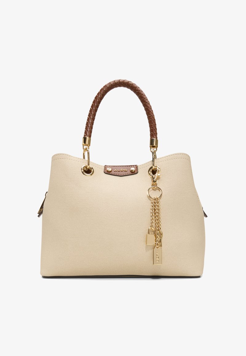 Sac à main beige avec poignée tressée marron, chaîne en or et breloques en forme de cadenas, et plaque logo ALDO au centre avant.