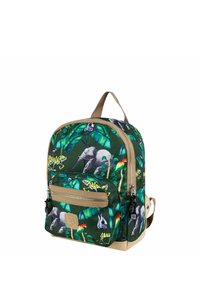 Groene canvas rugzak met een olifant en tropische loofprint, voorzien van een beige ritsvak en verstelbare schouderbanden.