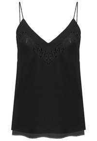 Schwarzes Camisole-Top mit V-Ausschnitt, verziert mit Spitzen-Details am Bustier und dünnen, verstellbaren Trägern; glatte Textur und lockere Passform.