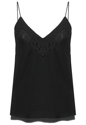 Czarny top na ramiączkach z dekoltem w serek, zdobiony koronką na biuście i cienkimi, regulowanymi ramiączkami; gładka faktura i luźne dopasowanie.