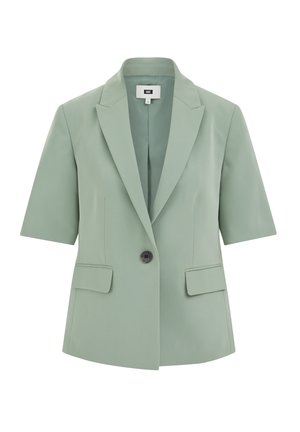 Blazer vert menthe à manches courtes avec revers crantés, fermeture à un bouton foncé, et deux poches rabat avant.