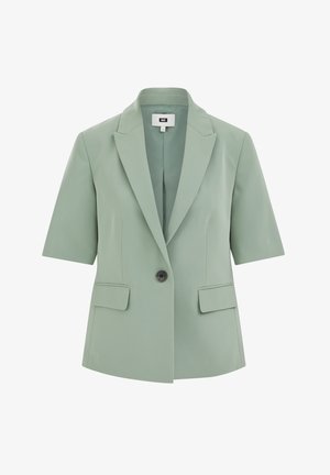 Miętowo-zielona marynarka z krótkim rękawem, z klapami z wycięciem typu notch, pojedynczym ciemnym guzikiem do zapinania oraz dwoma przednimi kieszeniami na zakładkę.