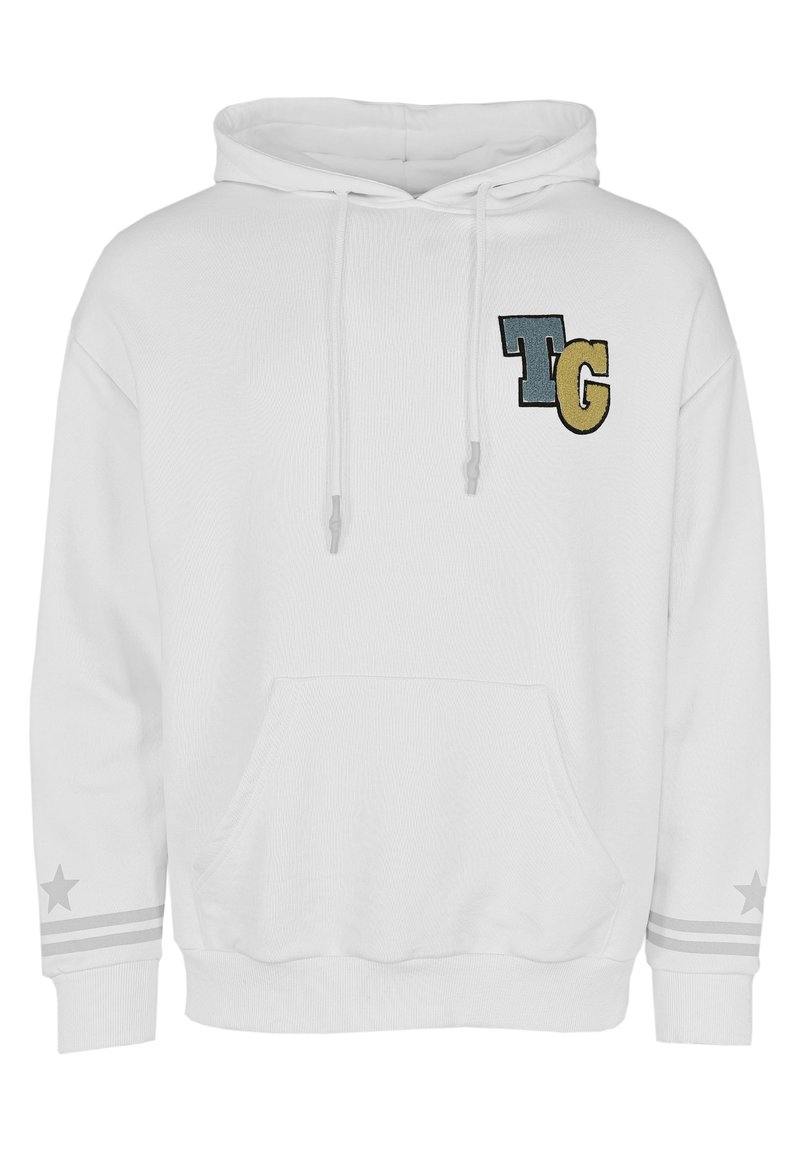 Vit hoodie med dragsko, framficka och broderad "TG" logotyp i blått och gult. Grå stjärnaccenter och ränder på ärmarna.