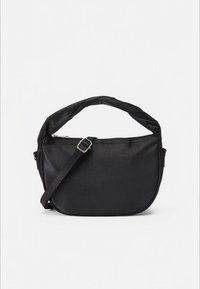 Sort skuldertaske med snoet håndtag og justerbar rem, udstyret med en lynlåslukket hovedrum og minimalistisk design.