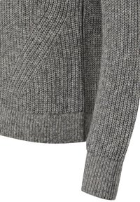 Gray knitted sweater featuring a textured pattern, ribbed cuffs, and hem. Material shows a blend of shades for depth and visual interest.
