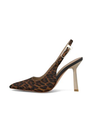 Scarpa con tacco alto a punta in tessuto con stampa leopardata, con zeppa trasparente e un motivo tessurizzato in tonalità di marrone scuro e chiaro.
