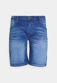 Pantalones cortos de mezclilla en un lavados azul claro con detalles desgastados. Diseño clásico de cinco bolsillos, corte recto y costuras en contraste.