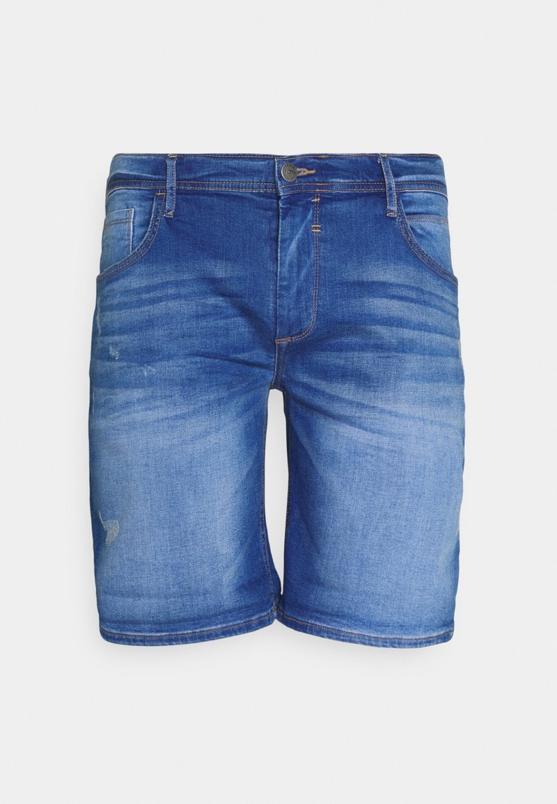 Pantalones cortos de mezclilla en un lavados azul claro con detalles desgastados. Diseño clásico de cinco bolsillos, corte recto y costuras en contraste.