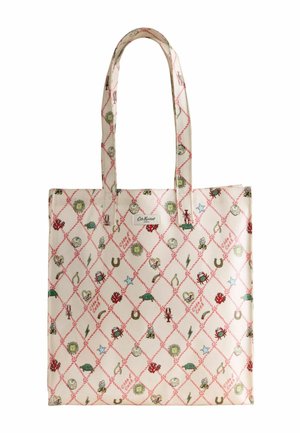 Kremowa torba typu tote z różowym wzorem kratki diamentowej z małymi ilustracjami krabów, podków, gwiazd i stworzeń morskich.