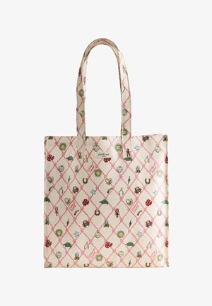 Sac fourre-tout crème avec motif en losange rose présentant de petites illustrations de crabes, fers à cheval, étoiles et créatures marines.