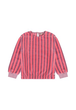 Kinderlangarmshirt mit vertikalen rosa und violetten Streifen, rundem Ausschnitt, Knopfverschluss hinten und gerippten Bündchen.
