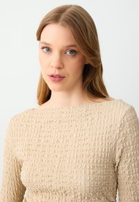 Top lungo beige con maniche lunghe e scollatura ampia. Il tessuto presenta un motivo increspato. Materiale morbido e elasticizzato con una silhouette aderente.