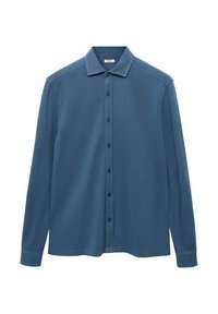 Camicia a maniche lunghe con bottoni in tessuto blu scuro. Caratterizzata da un colletto appuntito, una chiusura anteriore completa con bottoni e spalle strutturate.