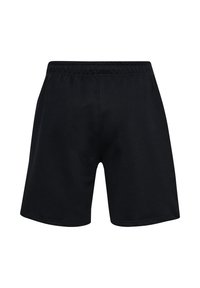 Shorts de sport noirs en tissu doux, dotés d'une taille élastique et d'une coupe ample. Design simple sans logos ni motifs visibles.