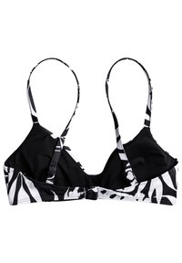 Bikini top se vzorem černobílé barvy, s nastavovacími ramínky, trojúhelníkovými košíčky a zapínáním na klips vzadu. Texturovaná podšívka.