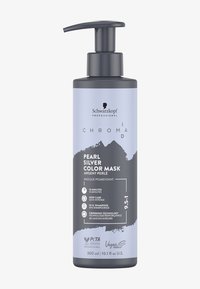Schwarzkopf Chroma ID Pearl Silver Color Mask in einer 300-ml-grauen Flasche mit Pumpspender; mit schwarzem und blauem Text sowie Vegan- und PETA-Logos.
