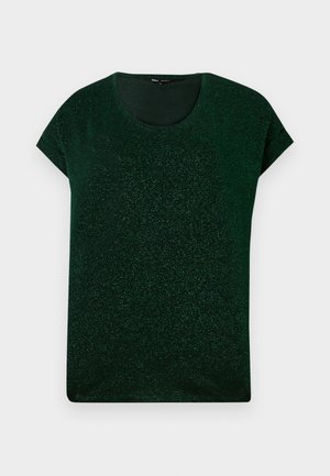 Parte superior corta de manga corta en verde oscuro con brillo, con escote redondo y ajuste relajado sobre un fondo liso.