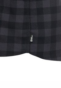 Zwart en grijs geblokt flanellen shirt stof met een gladde textuur. Heeft een merketiket aan de zijnaad. De zoom is licht gebogen.
