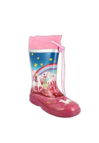 Roze rubberen regenlaars met een blauw ontwerp van eenhoorns, feeën en sterren, een trekkoord bovenkant en een gestructureerde zool voor grip.