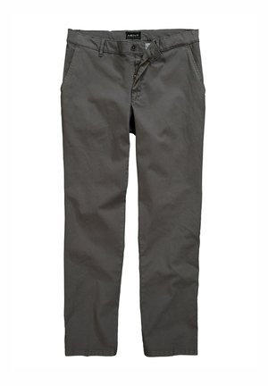 Pantalons chino en coton gris avec un devant plat, des poches latérales et une fermeture à bouton. Dispose d'un design à jambe droite et d'une texture lisse.