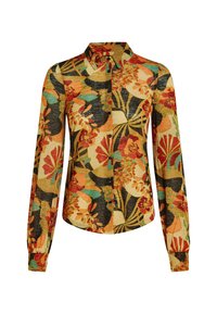 Camicia a maniche lunghe con un vivace motivo floreale in arancione, rosso e teal su uno sfondo nero e beige, con chiusura a bottoni.