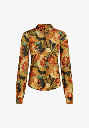 Langemouwige shirt met een levendig bloemmotief in oranje, rood en teal tegen een zwarte en tan achtergrond, met een knoopsluiting.