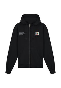Zwarte zip-up hoodie van katoen met een grote capuchon, twee voorkezen en een grafisch ontwerp met een kleurrijk embleem op de linkerborst.