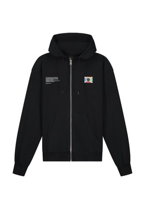 Black zip-up hoodie made of cotton with a large hood, two front pockets, and graphic design featuring a colorful emblem on the left chest.